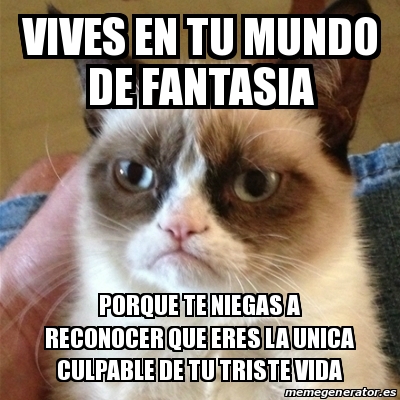 Meme Grumpy Cat VIVES EN TU MUNDO DE FANTASIA PORQUE TE NIEGAS A