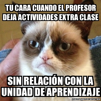 Meme Grumpy Cat TU CARA CUANDO EL PROFESOR DEJA ACTIVIDADES EXTRA