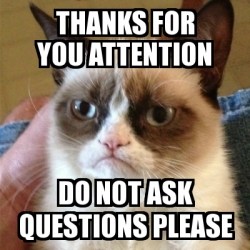 Meme Grumpy Cat - Thanks for you attention do not ask questions please ...