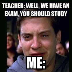 Meme crying peter parker - Teacher: well, we have an exam, you should ...