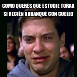 Meme crying peter parker como querés que estudie torax si recién arranqué con cuello